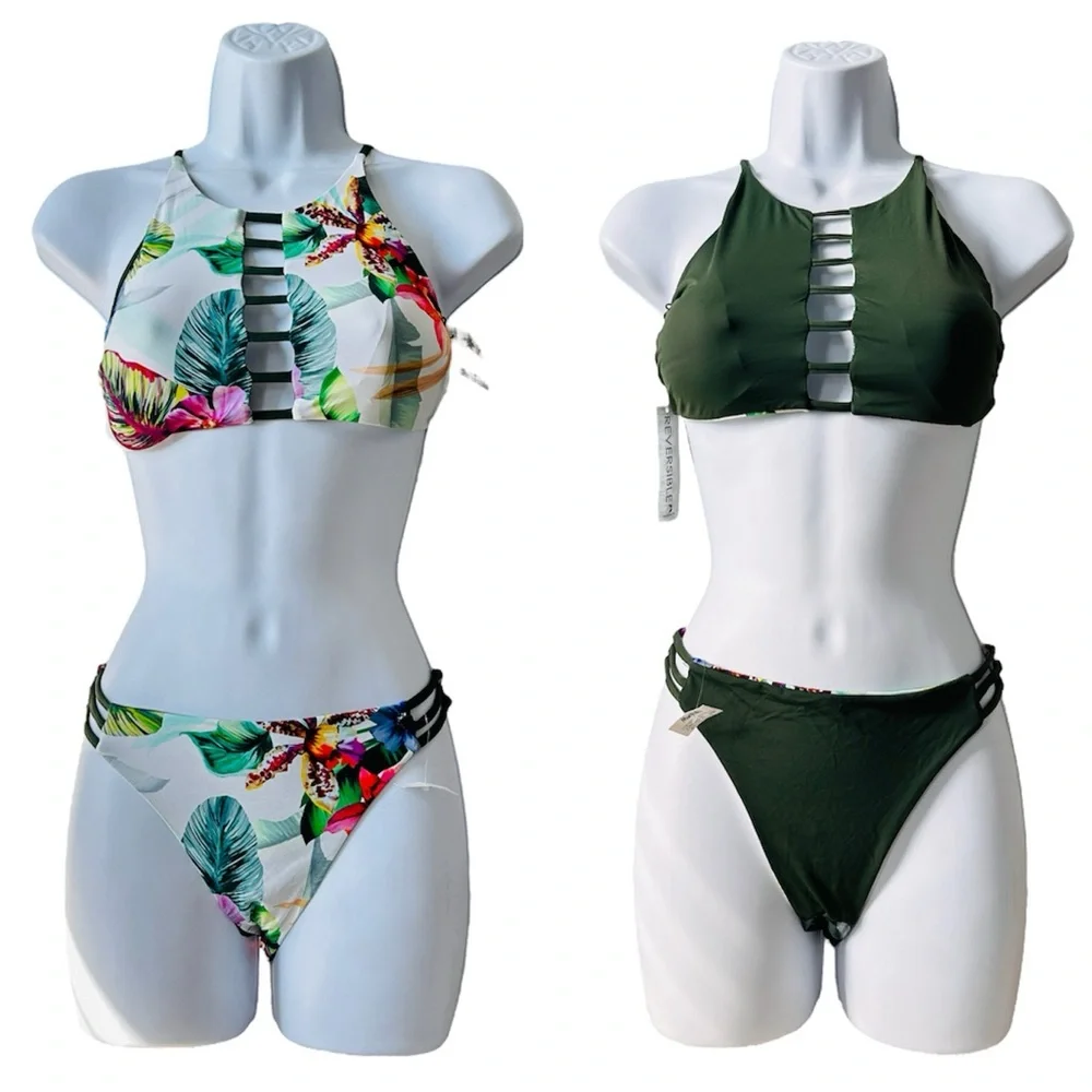 NWT Reversible Halter Style Floral Print 2 Pc Bikini Size M By TiniBikini